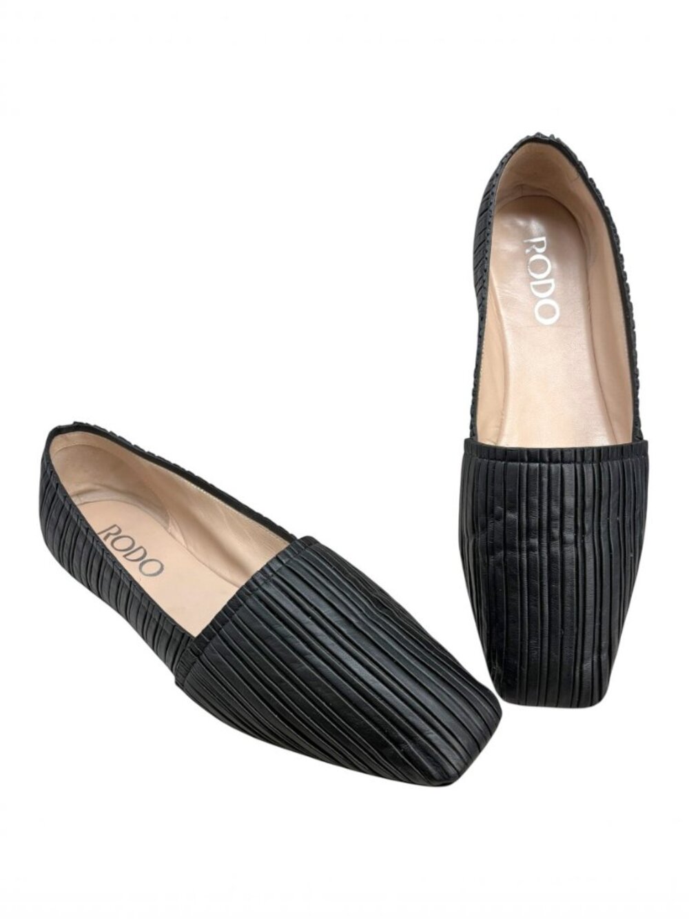 RODO Black Pleated Lambskin Square‎ Toe Ballerina Flat